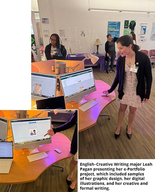 English–Creative Writing major Leah Pagan presenting her e-Portfolio project, which included samples<br />
of her graphic design, her digital illustrations, and her creative and formal writing
